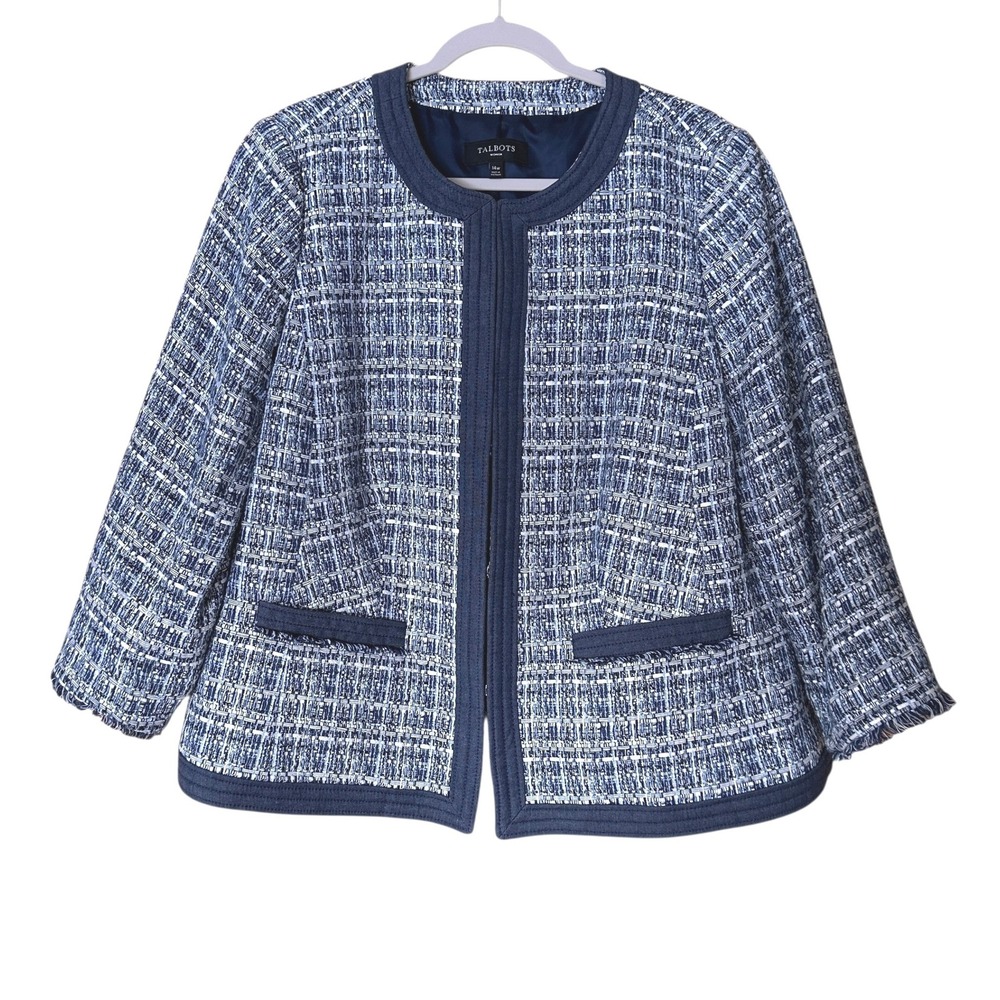 Talbots‎ Woman Tweed Jacket Blazer 14W Blue White Open Front Collarless